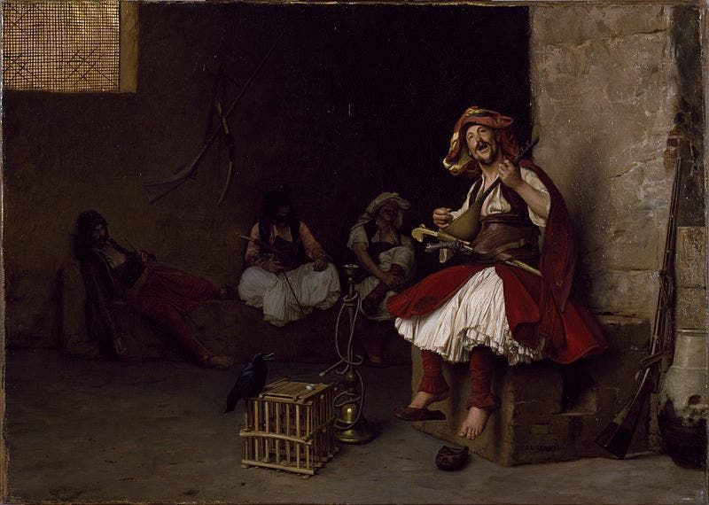 لوحة للرسام الفرنسي جان ليون جيروم لأحد أفراد الباشبوزق وهو يغني