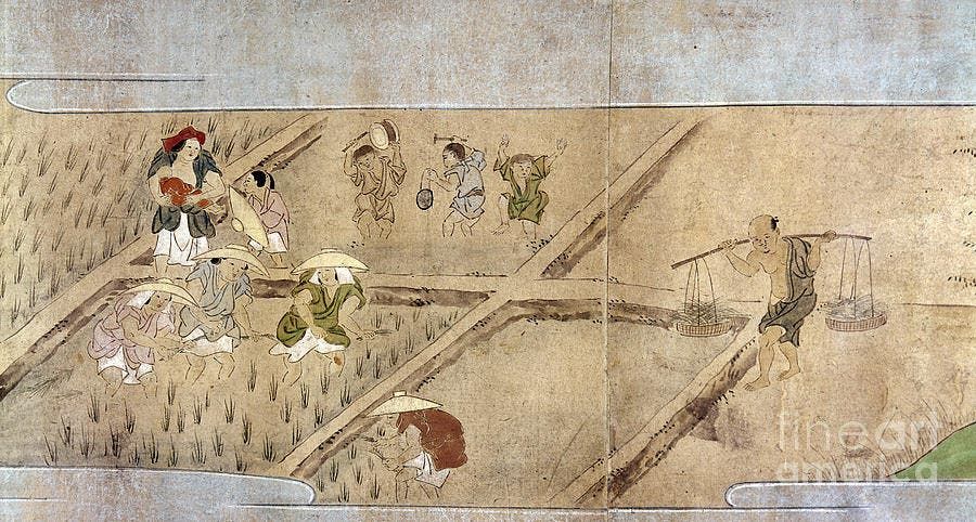 لوحة تجسد فلاحين يابانيين بحقل الأرز