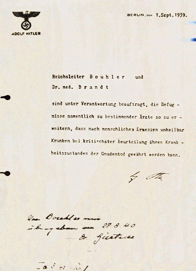 صورة لوثيقة قرار إبادة المعوقين بألمانيا حسب أوامر أدولف هتلر