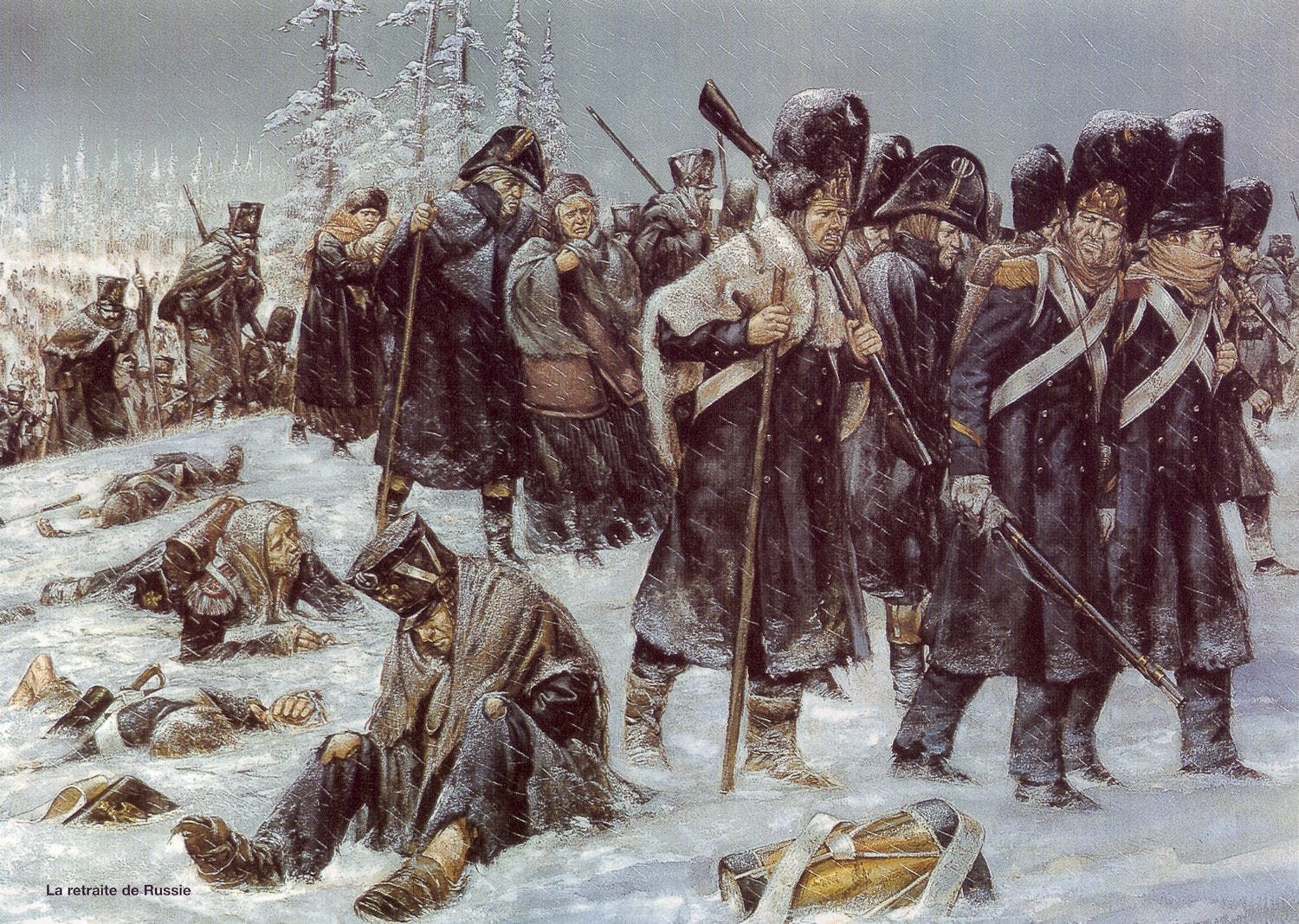 لوحة تجسد جيش نابليون منهكا بسبب البرد والمرض بروسيا
