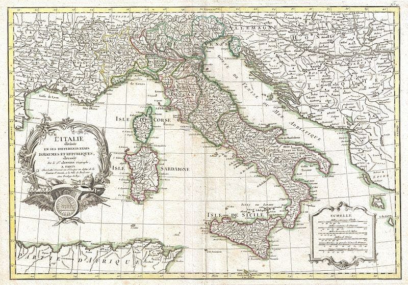 رسم لخريطة إيطاليا خلال القرن السابع عشر