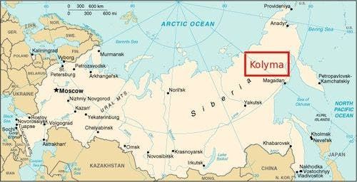 خريطة تقريبية لموقع كوليما بشرق سيبيريا