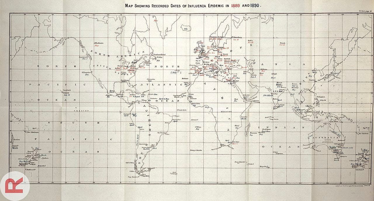 خريطة تبرز مواقع ظهور الأنفلونزا الروسية ما بين عامي 1889 و1890