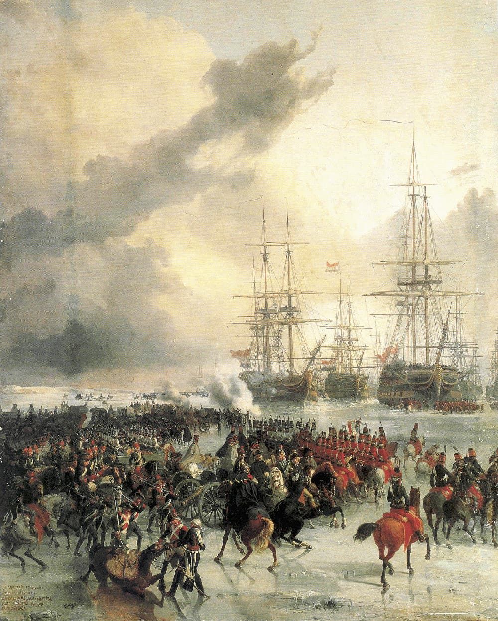 لوحة زيتية تجسد تقدم الفرسان الفرنسيين وقوات المشاة نحو السفن الهولندية