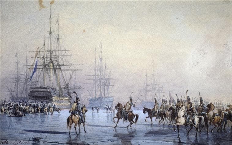 لوحة تجسد فرقة الفرسان الفرنسية عقب إخضاعها للسفن الهولندية
