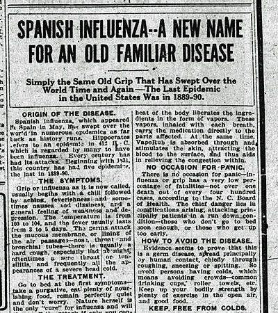 مقال صحفي يعود لعام 1918 حول الأنفلونزا الإسبانية