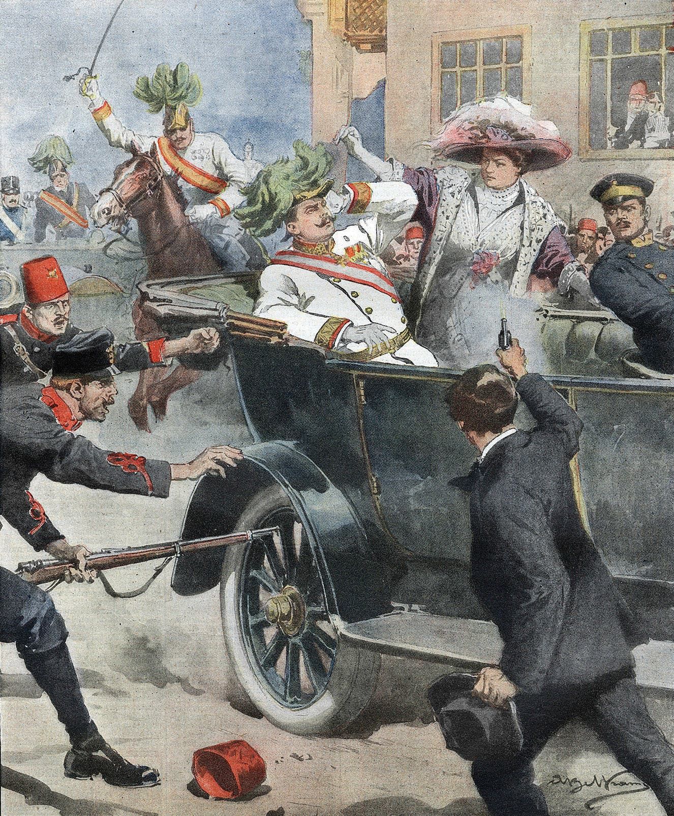 لوحة تجسد حادثة سراييفو والتي اغتيل خلالها ولي عهد النمسا فرانز فرديناند