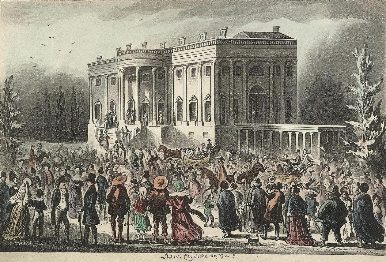 لوحة تجسد الجماهير أمام البيت الأبيض يوم 4 آذار مارس 1829