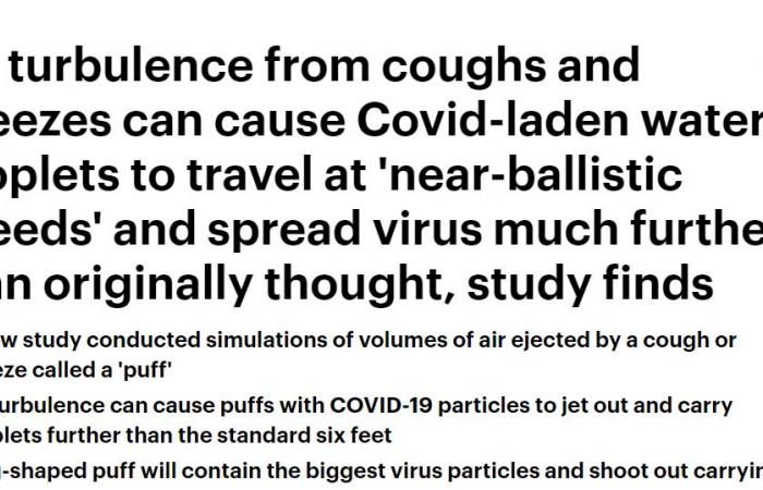 دراسة جديدة: اضطرابات الهواء يمكنها نشر قطرات فيروس كورونا لأبعد من 6 أقدام