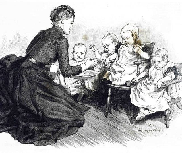 رسم يجسد احدى النساء أثناء اعتنائها بالأطفال المتخلى عنهم بالقرن التاسع عشر