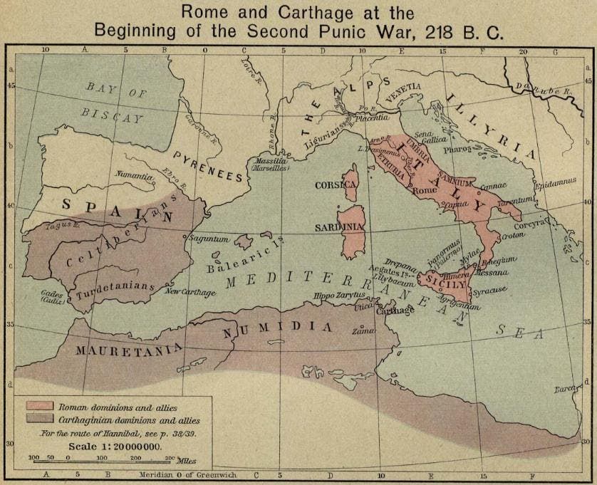 خريطة روما وقرطاج عام 218 قبل الميلاد